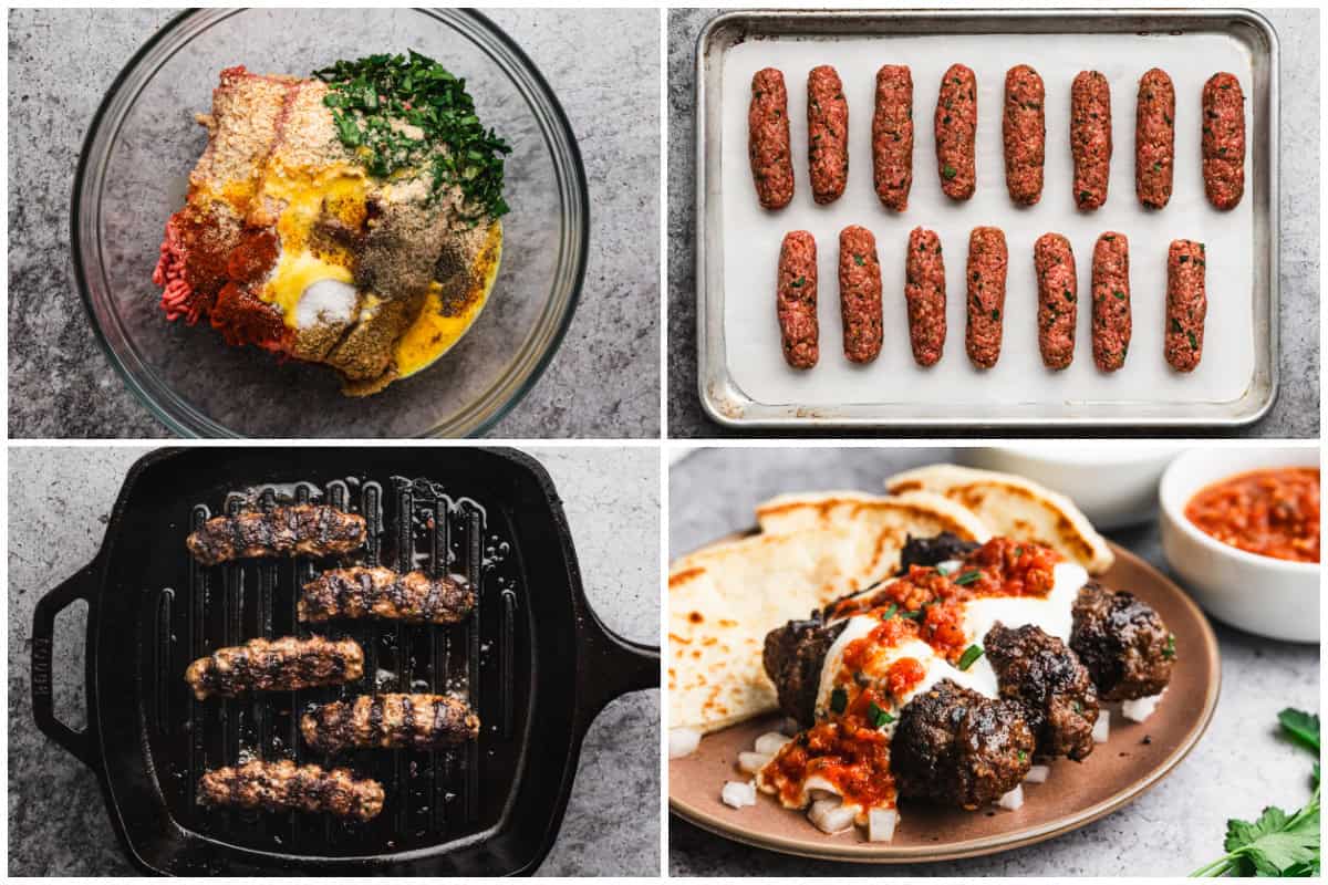 These yogurtlu kebabs (ground beef kebabs) are so easy! All you do is mix the beef (or lamb) mixture, make into sausages, and cook on the grill or grill pan. Serve it with yogurt sauce, tomato sauce, and warm pita and you'll be in heaven!