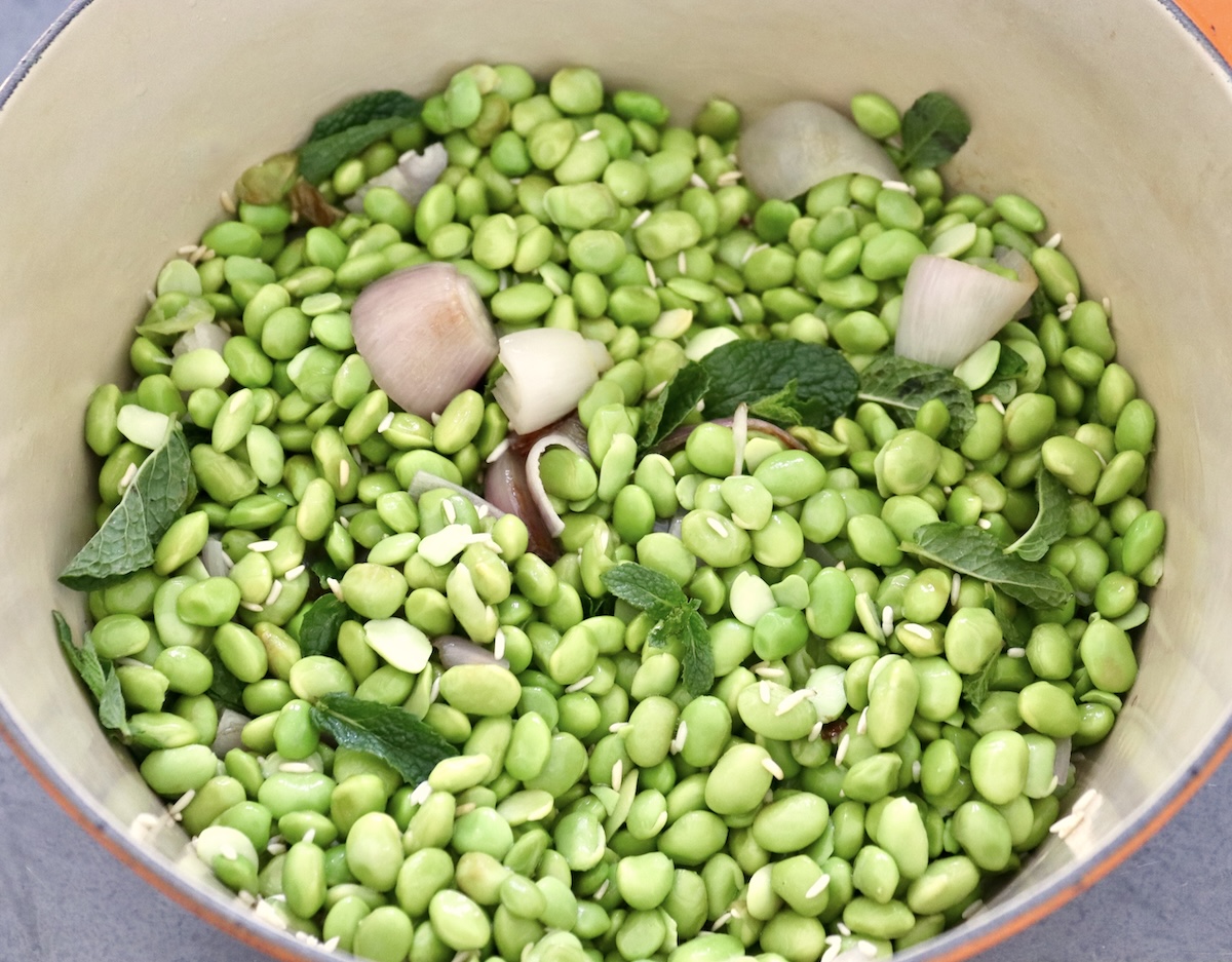 Dutch oven filled with tomatoes, shallots, and mint leaves.