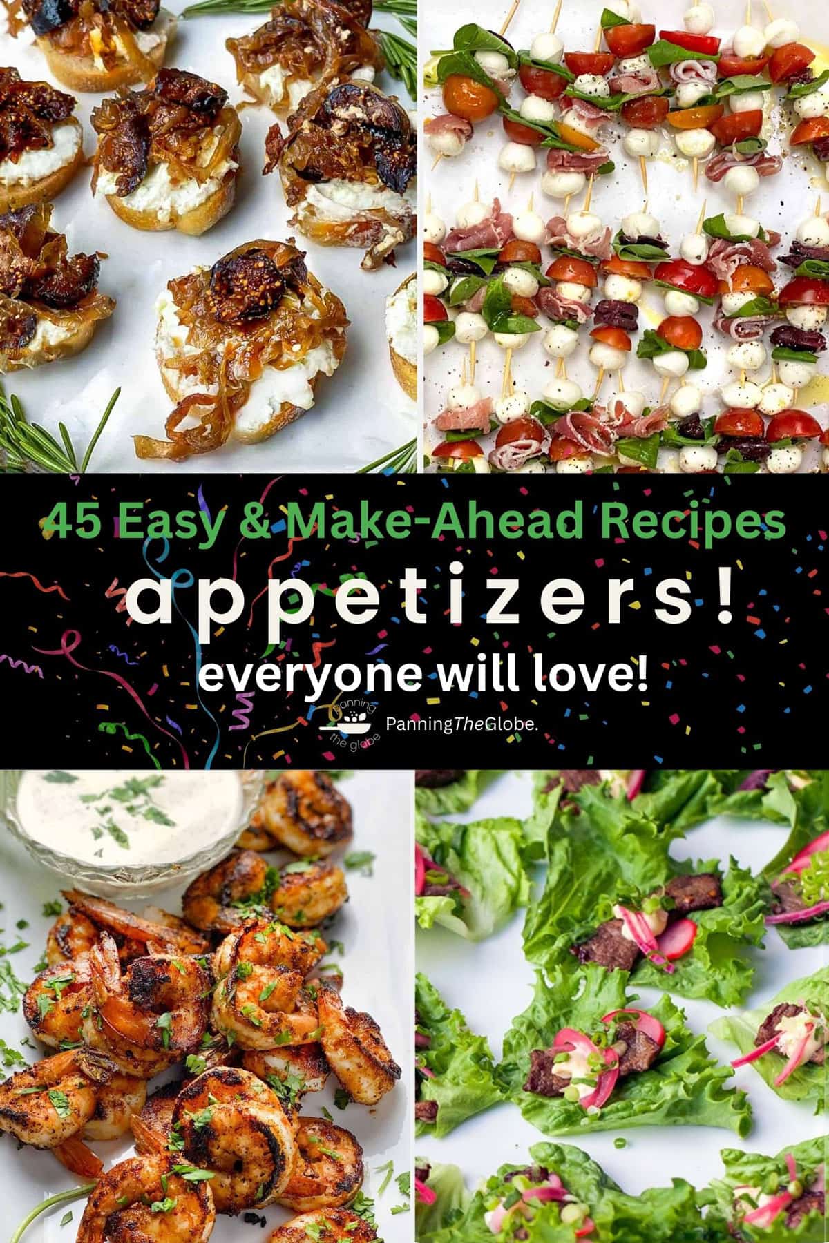 collage of 4 appetizer recipes: goat cheese fig and caramelized onion bruschette, shrimp with remoulade, caprese skewers and bulgogi beef lettuce wraps.
