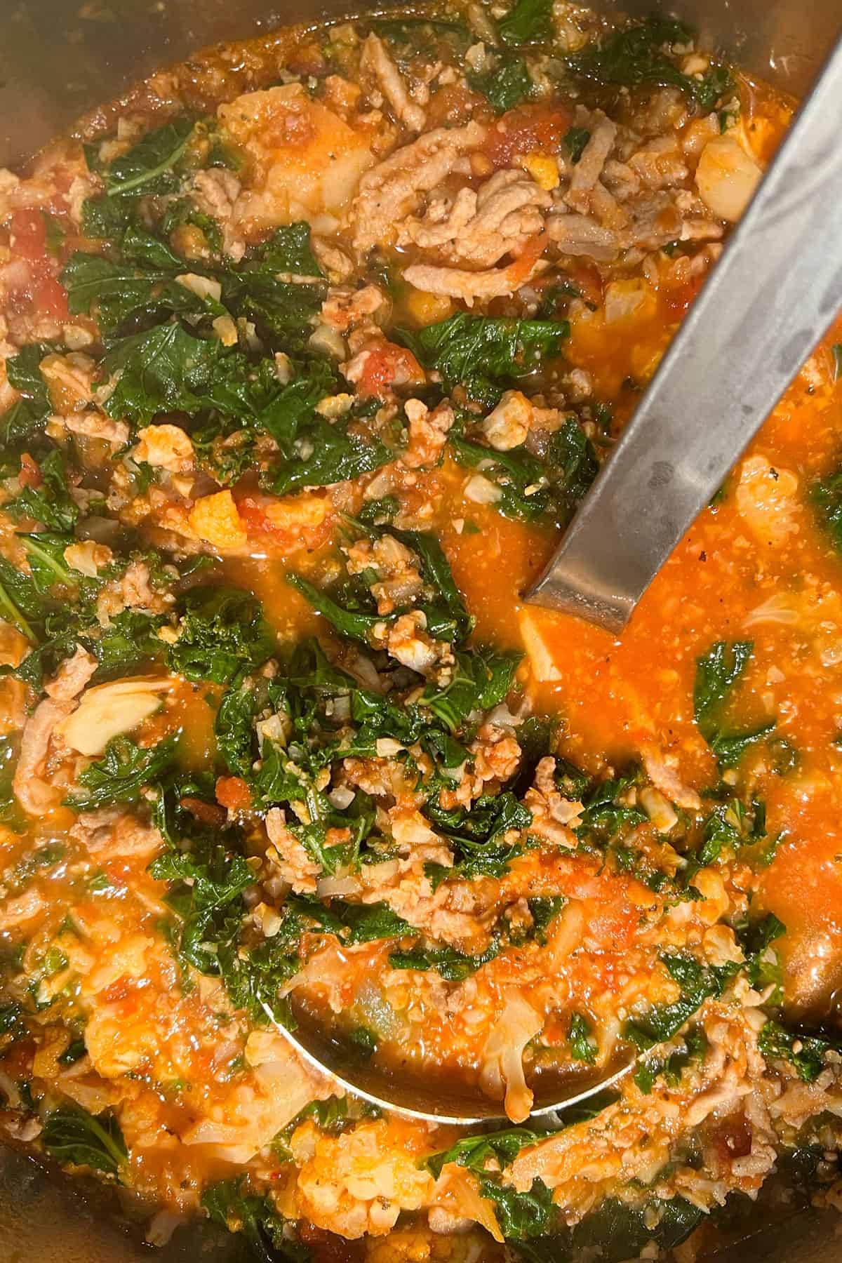 Ladle into a pot of ground turkey, kale, cauliflower soup with tomato sauce.