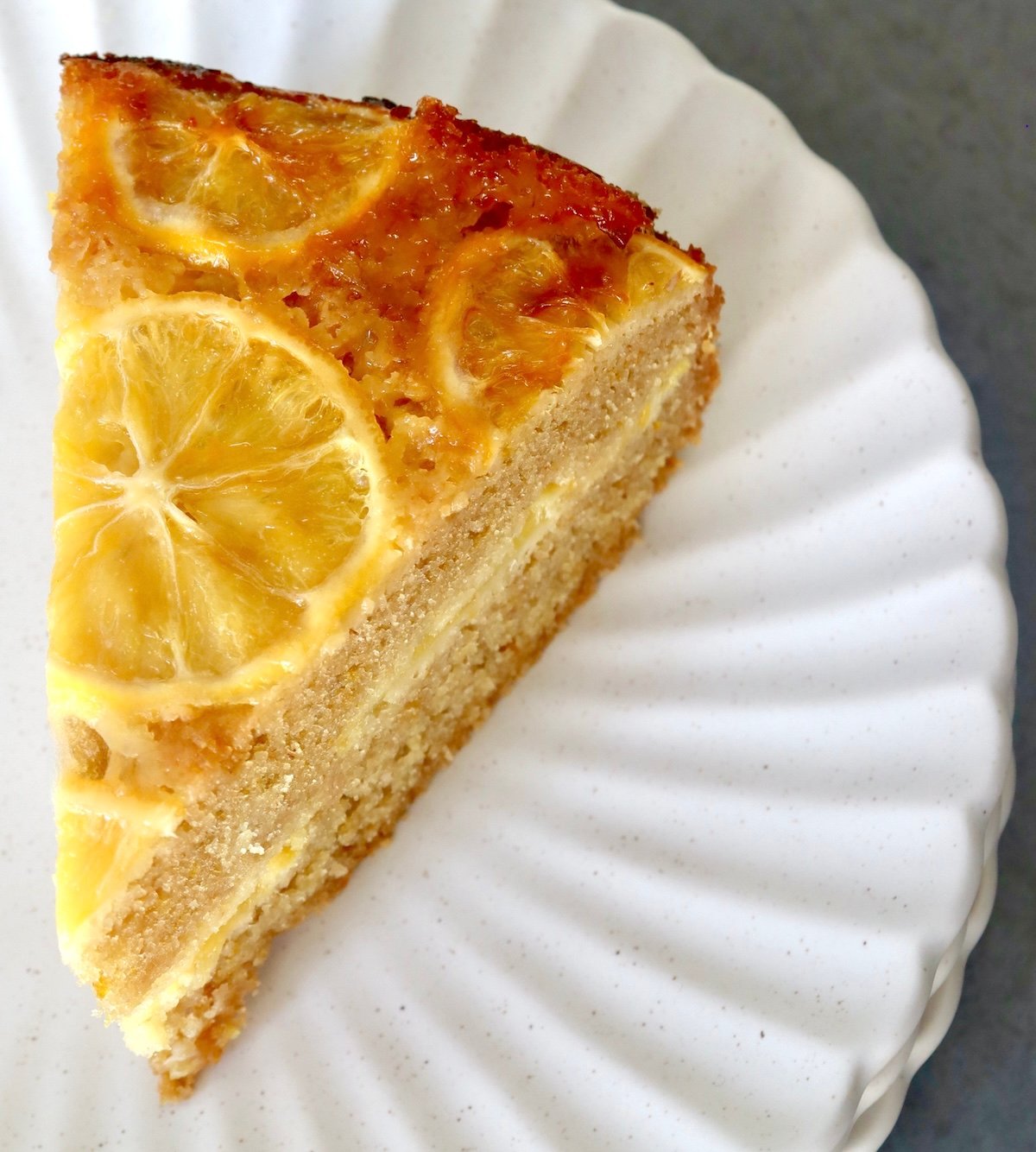 Top view of one slice of olive oil cake.