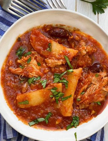 Greek Chicken Stew with Potatoes, Olives and Cinnamon Tomato Sauce