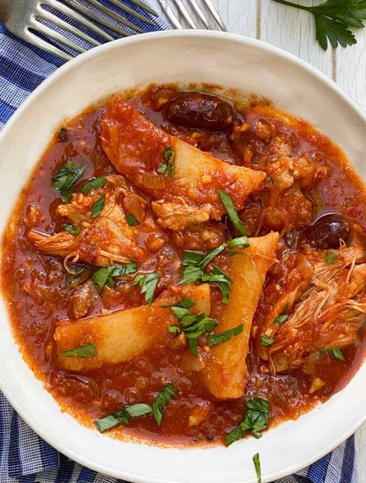 Greek Chicken Stew with Potatoes, Olives and Cinnamon Tomato Sauce