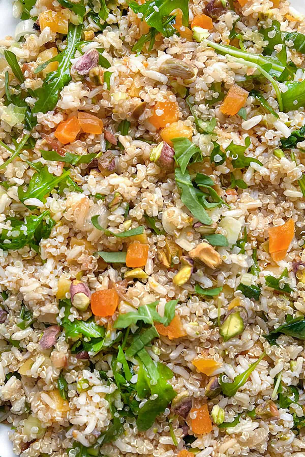cooked brown rice and quinoa mixed with chopped arugula, dried apricots and pistachios.