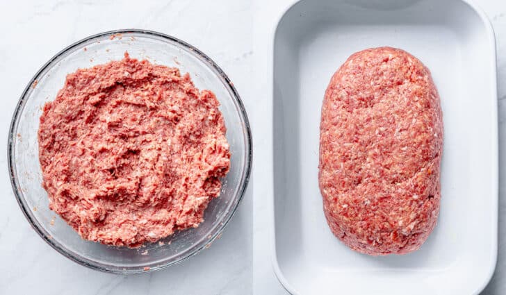 Meatloaf inosanganiswa mundiro ine nyamaloaf mune kubika ndiro