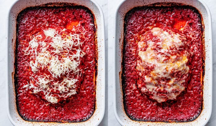 Marinara uye cheese pamusoro peItaly Meatloaf mune kubika ndiro