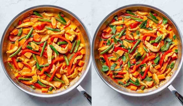 Thai Red Curry Chicken in a skillet with vegetables