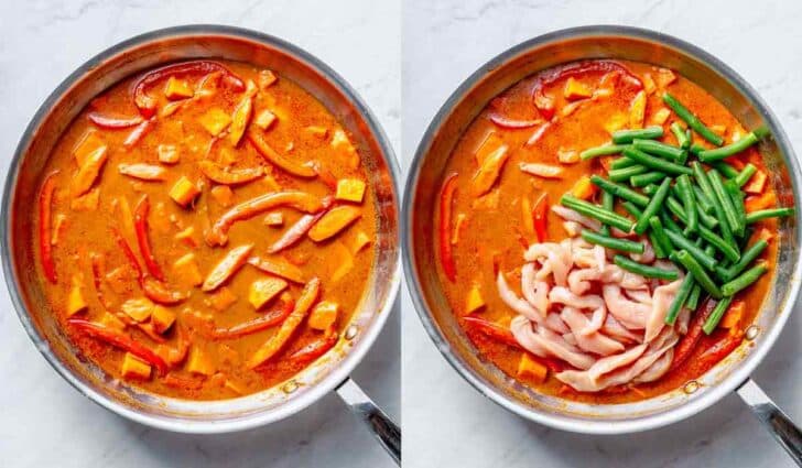 Thai Red Curry with chicken and vegetables cooking in a skillet