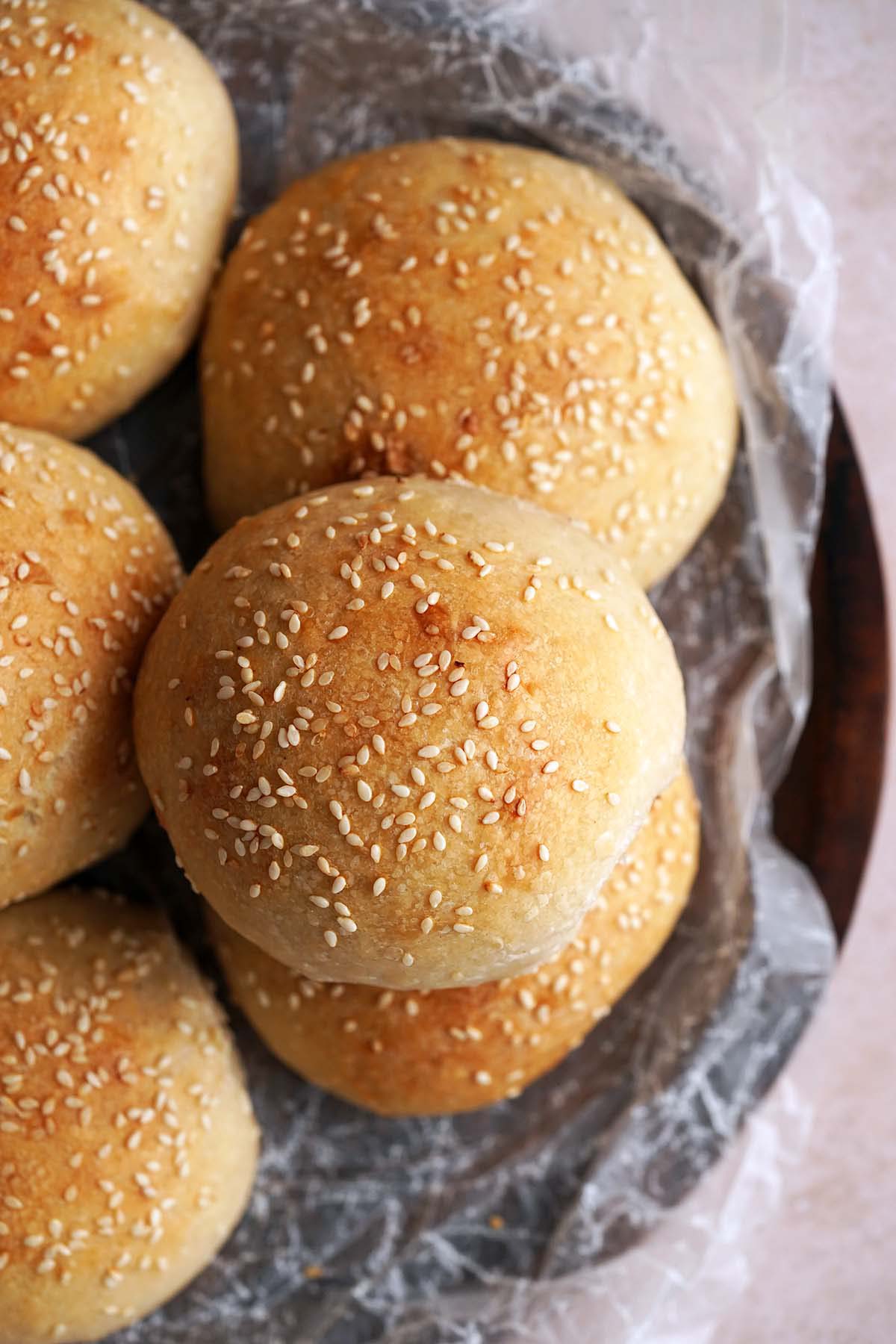top view of seeded sourdough rolls for sandwiches and burgers
