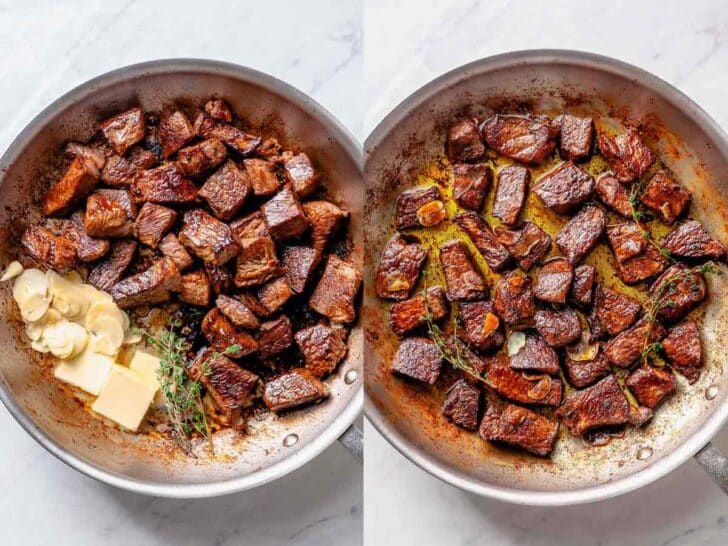 Steak Bites in skillet with butter, garlic, and thyme