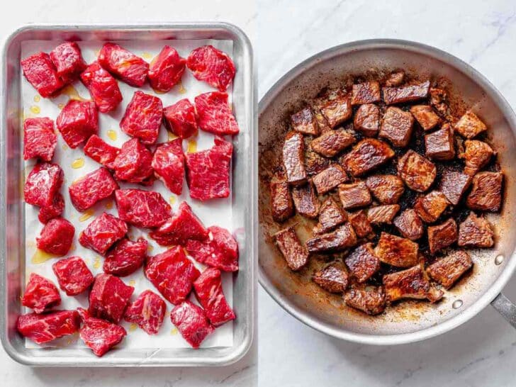 Steak Bites in a bowl in a skillet