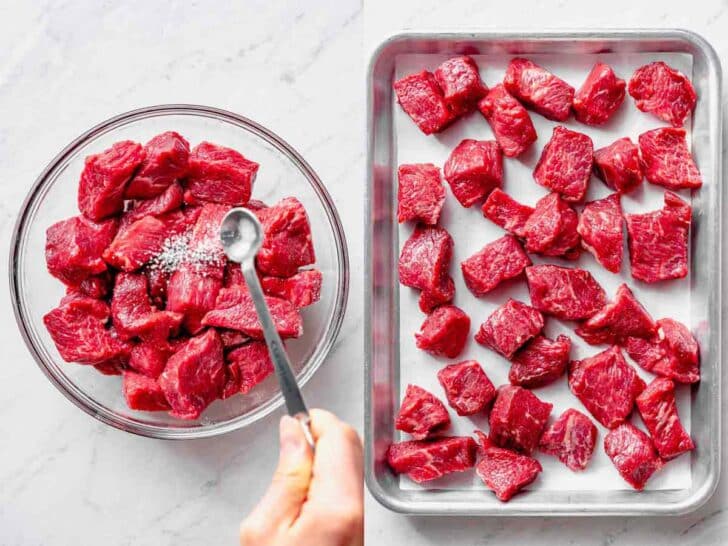 steak chunks seasoned with salt and on baking paper