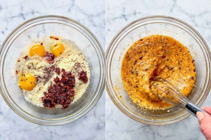 Chili Crisp Carbonara sauce ingredients mixed in a bowl