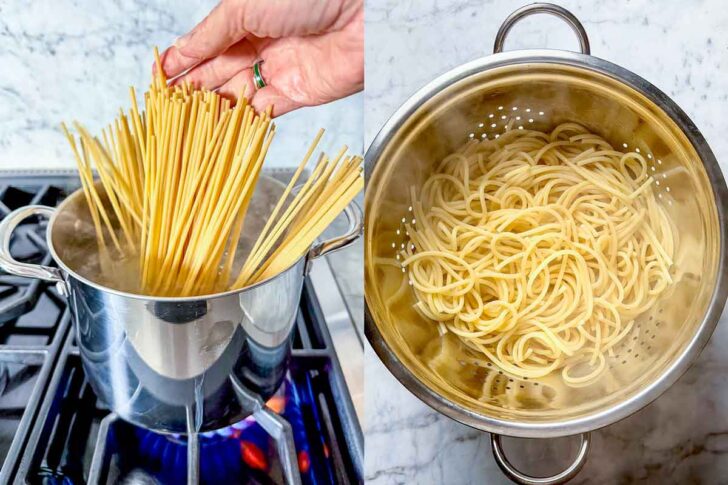 The pasta is cooked in a pot and drained in a colander