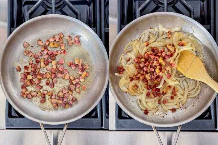 pancetta cooked in a skillet with onions