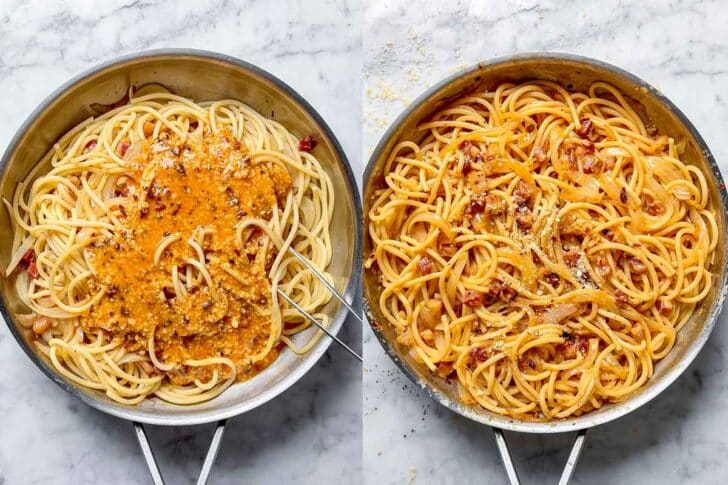pasta with chili crisp carbonara sauce in skillet