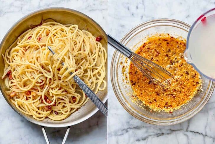 pasta tossed pancetta and chili crisp sauce