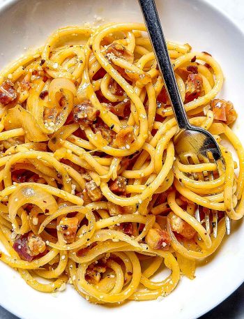 Chili Crisp Carbonara in bowl with fork