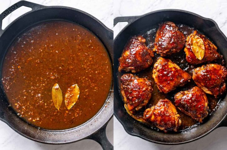 Sauce in a skillet for Filipino Chicken Adobo