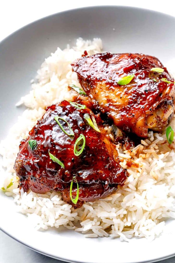 Filipino Chicken Adobo recipe on a plate with rice