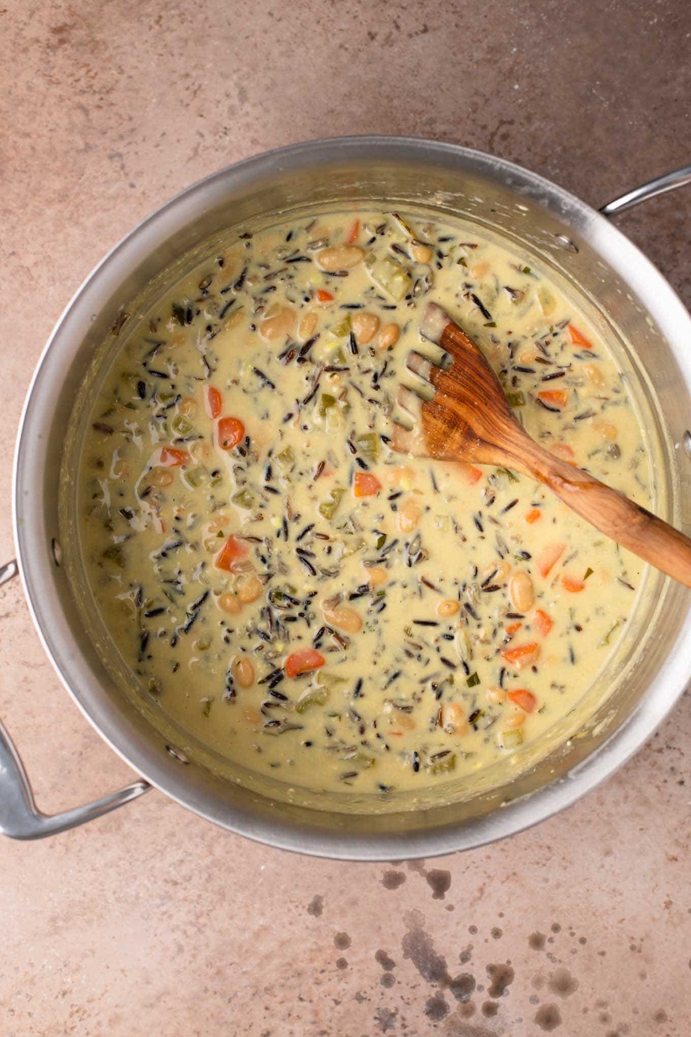 vegan wild rice soup in a pot