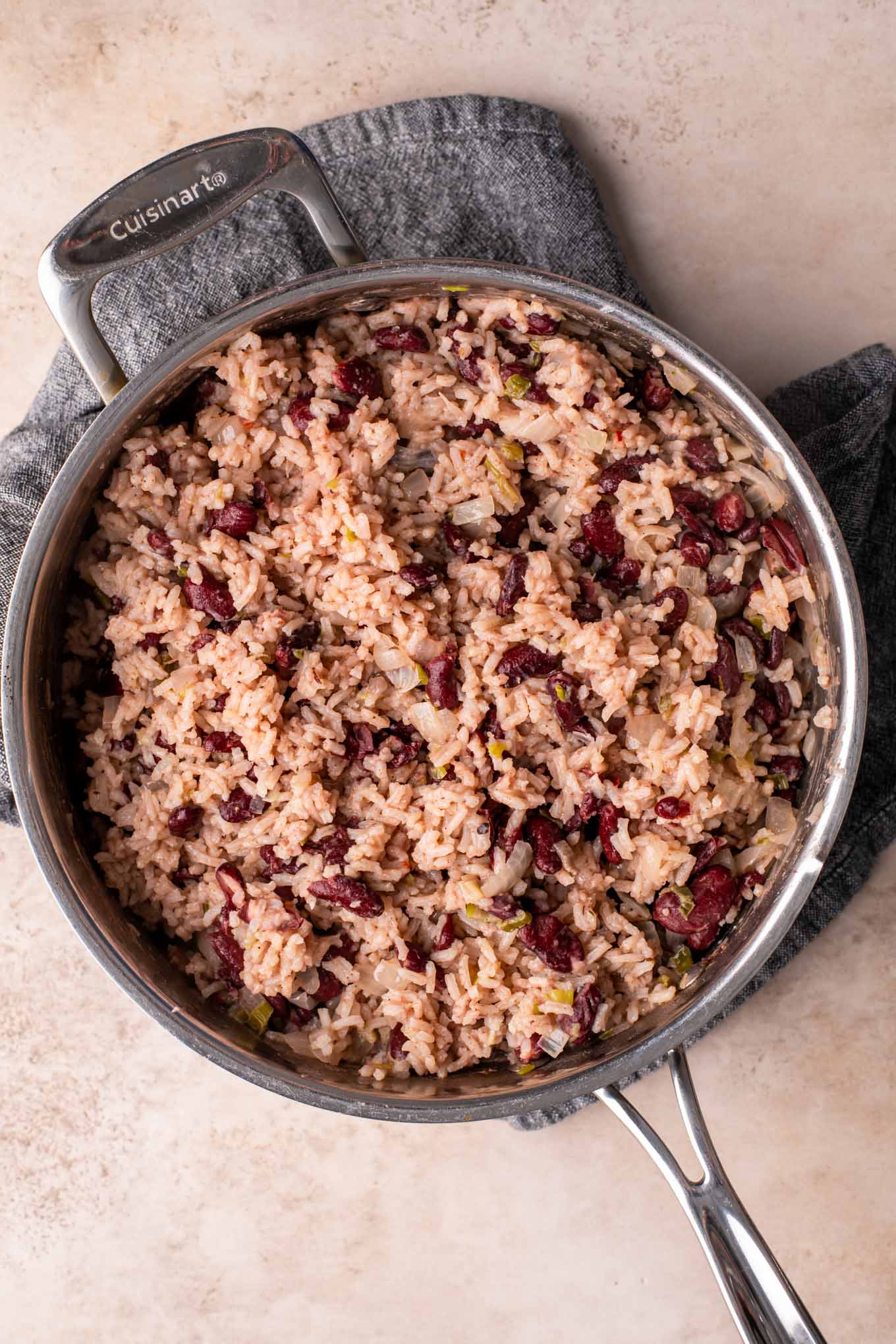 fluffed jamaican red rice and beans in the pot