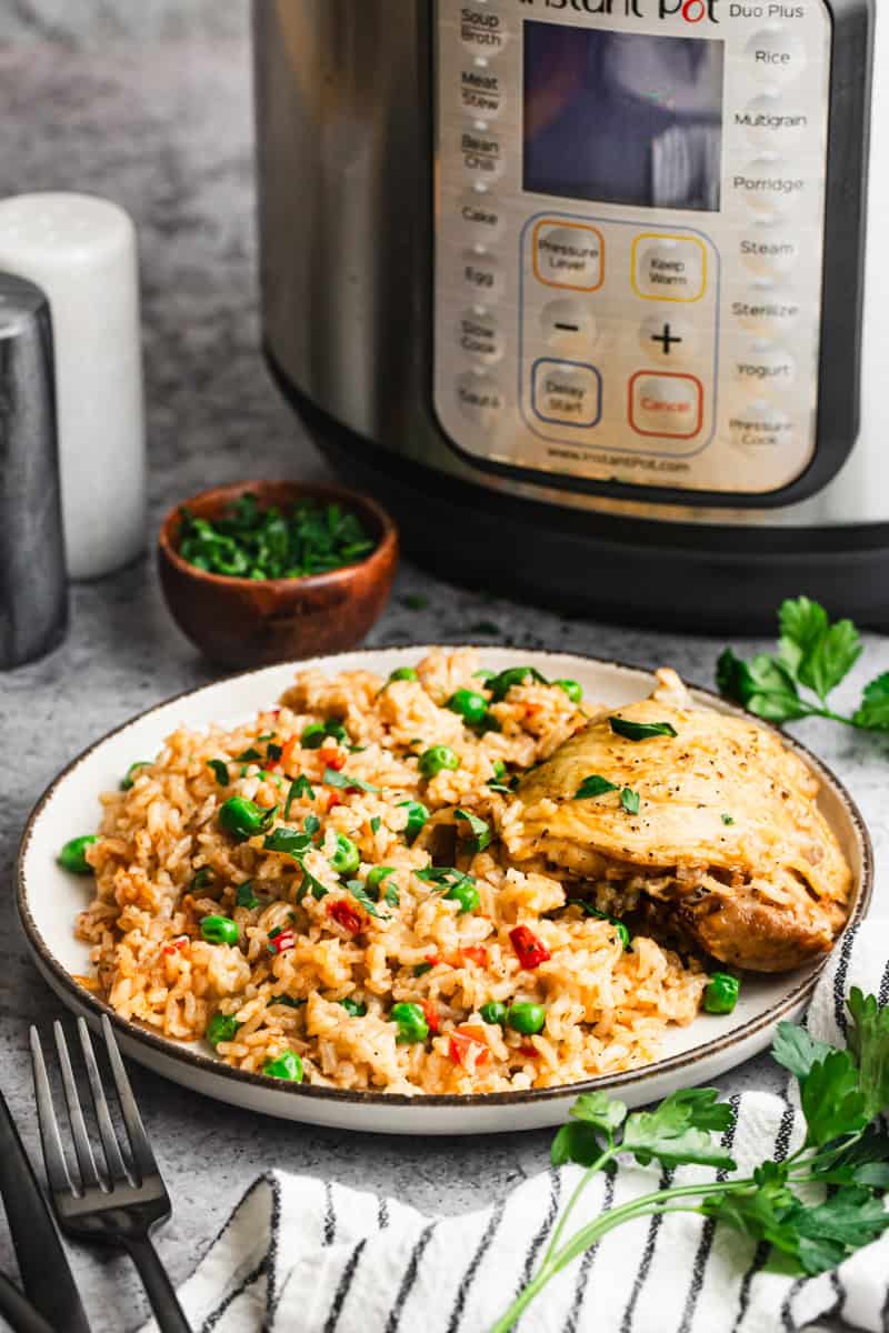 This easy Instant Pot Chicken and Rice recipe is really easy by throwing everything in one pot. It has spices, vegetables, rice, and chicken for a complete meal.