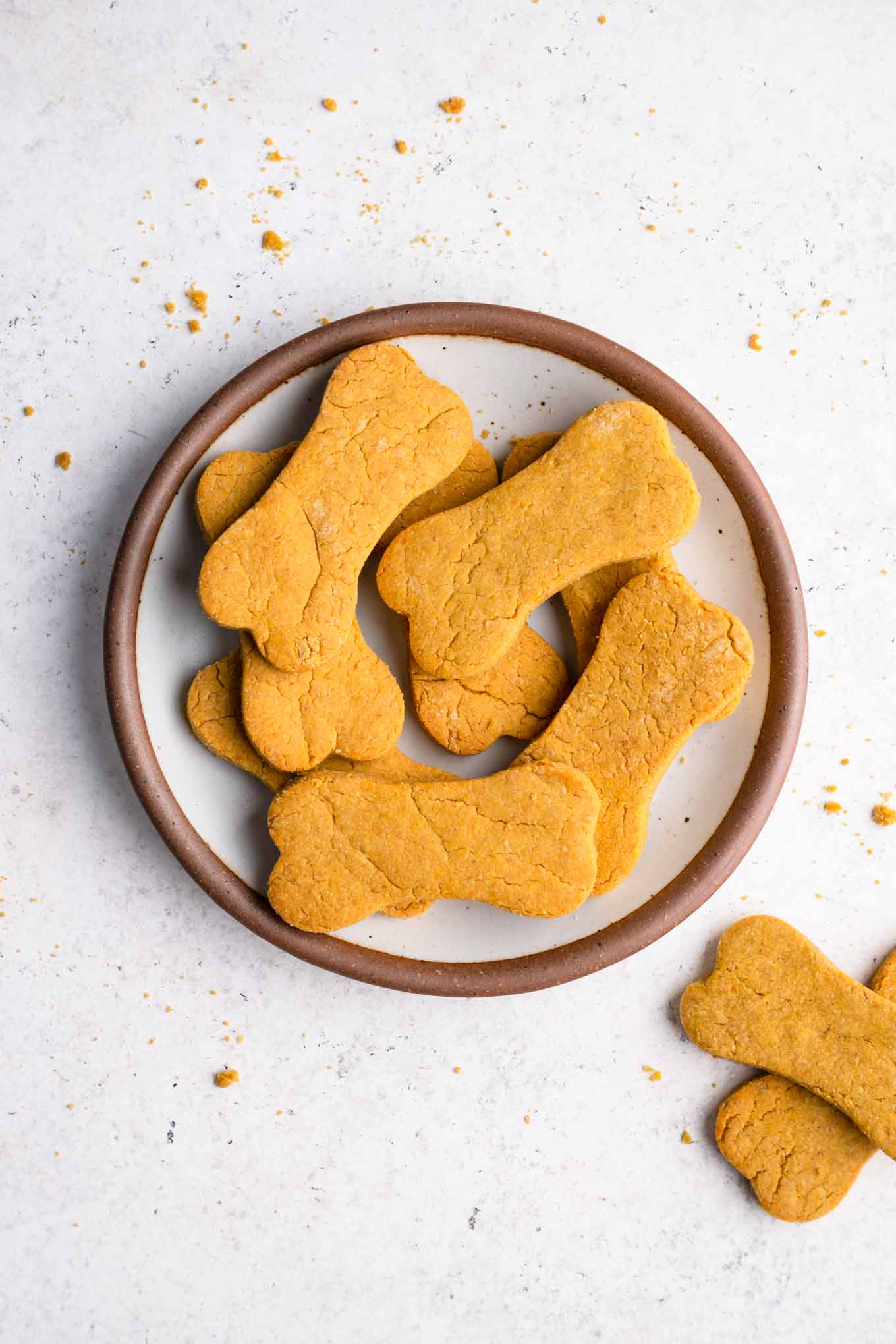 peanut butter pumpkin dog treats on a plate with peanuts around the plate